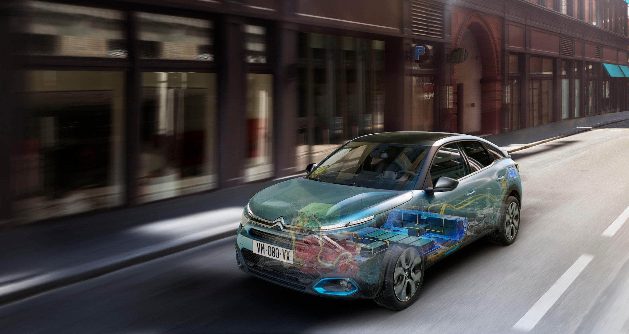 Nouvelle Citroën ë-C4 avec chaine de traction en transparence